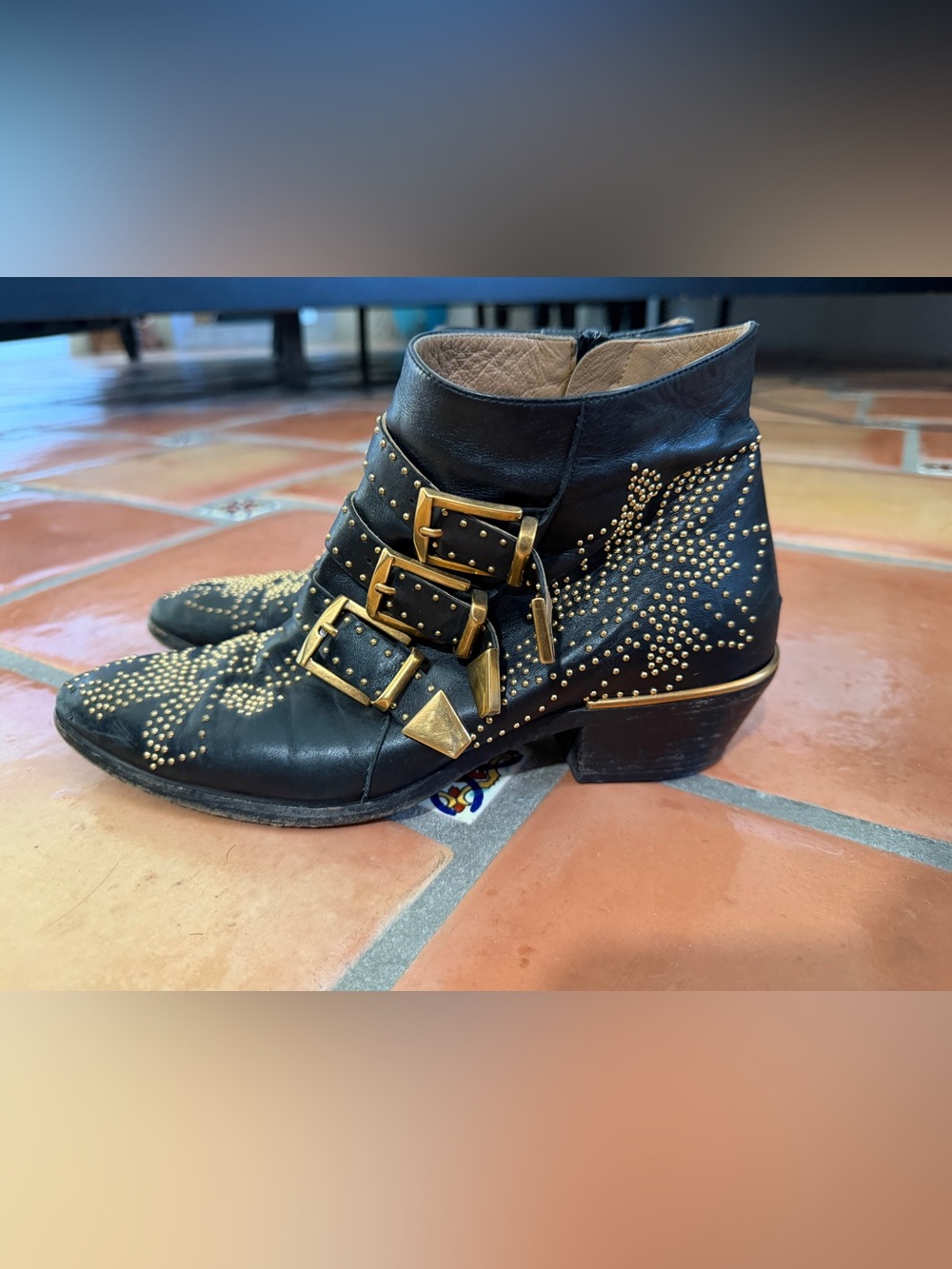 Chloè Chelsea Black Studded Ankle Boots with Gold Buckles - Women - Picture 4 of 9